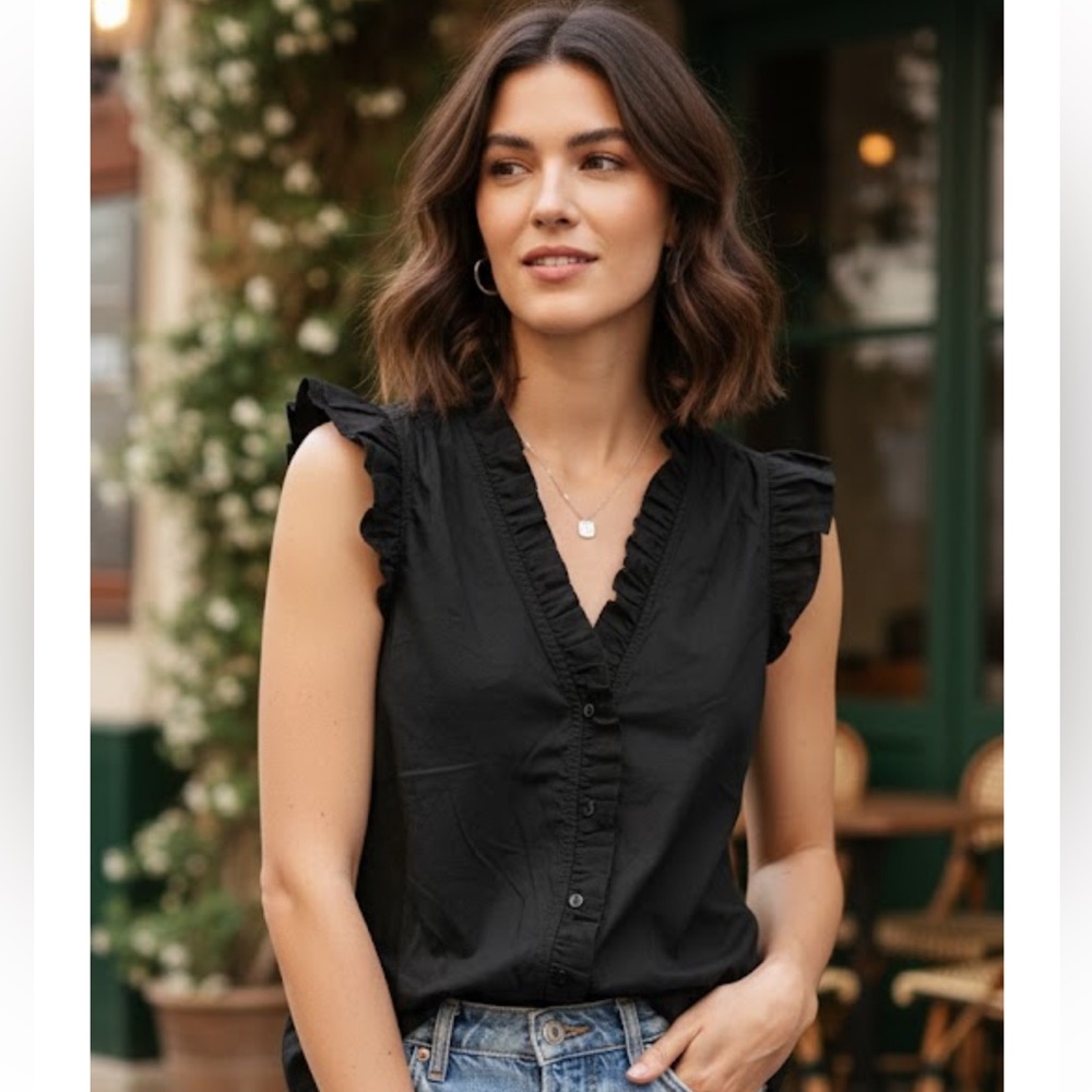 J. Crew Black Sleeveless Ruffled Blouse